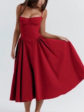 Red Fit-and-Flare Midi Dress with Sweetheart Bust